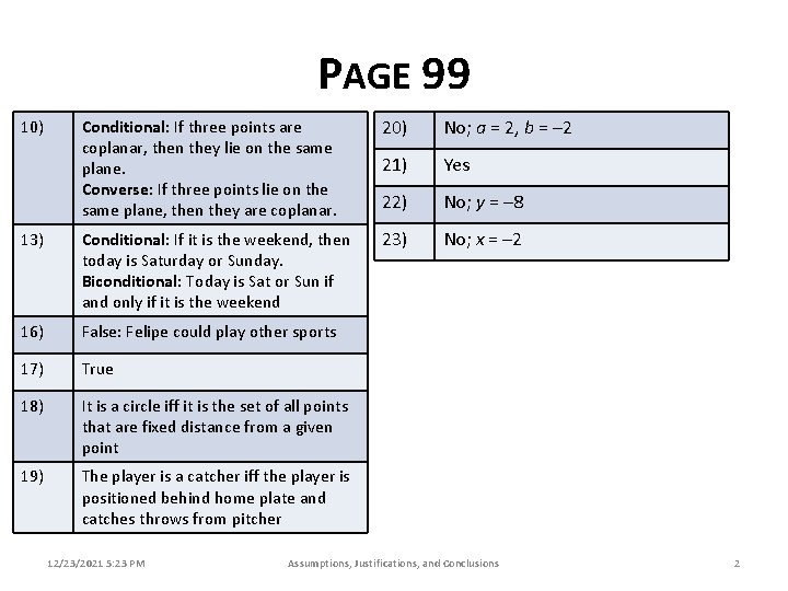 PAGE 99 Conditional: If three points are coplanar, then they lie on the same
