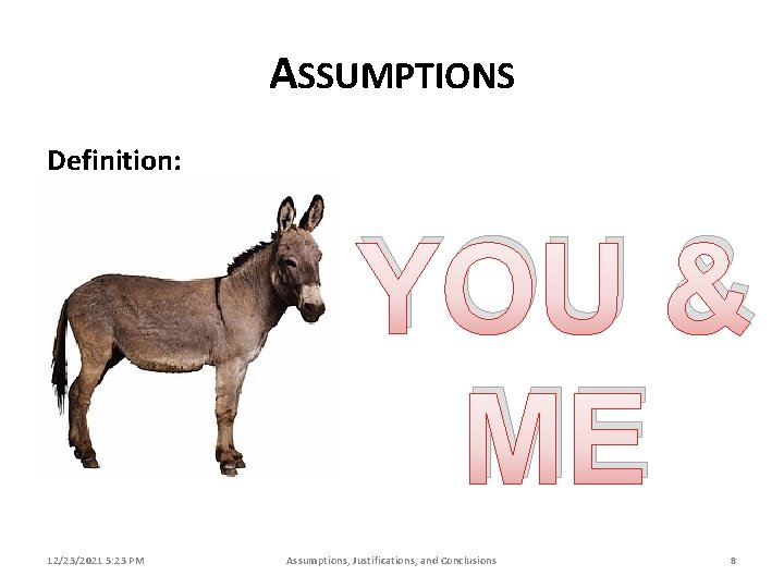ASSUMPTIONS Definition: YOU & ME 12/23/2021 5: 23 PM Assumptions, Justifications, and Conclusions 8