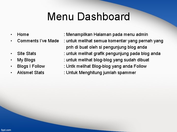 Menu Dashboard • • Home Comments I’ve Made • • Site Stats My Blogs