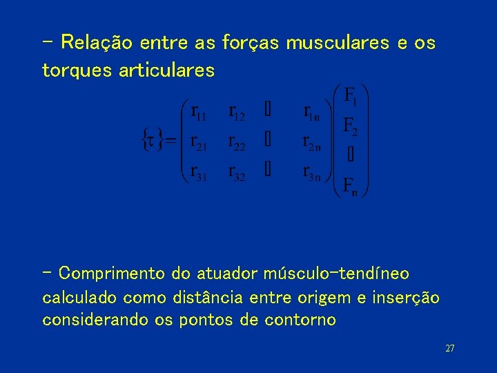 – Relação entre as forças musculares e os torques articulares – Comprimento do atuador