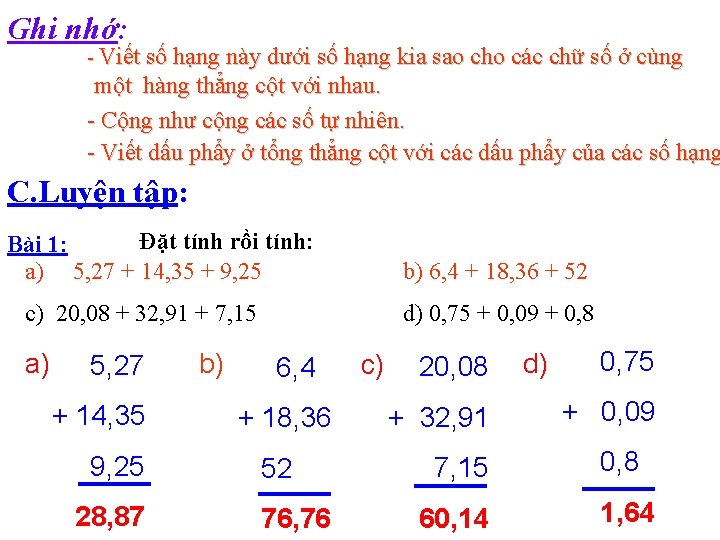 Ghi nhớ: - Viết số hạng này dưới số hạng kia sao cho các