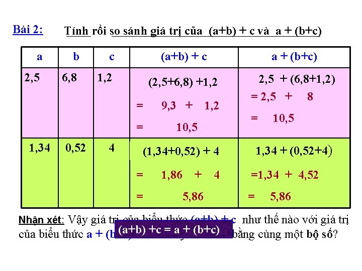 Bài 2: Tính rồi so sánh giá trị của (a+b) + c và a