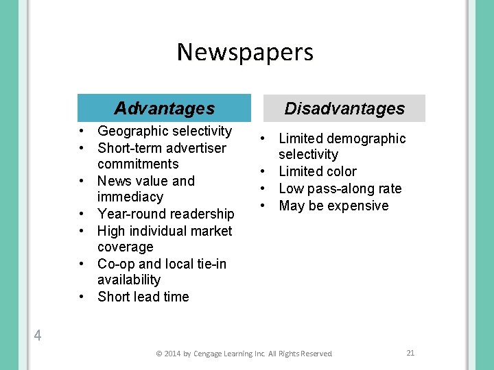 Newspapers Advantages • Geographic selectivity • Short-term advertiser commitments • News value and immediacy