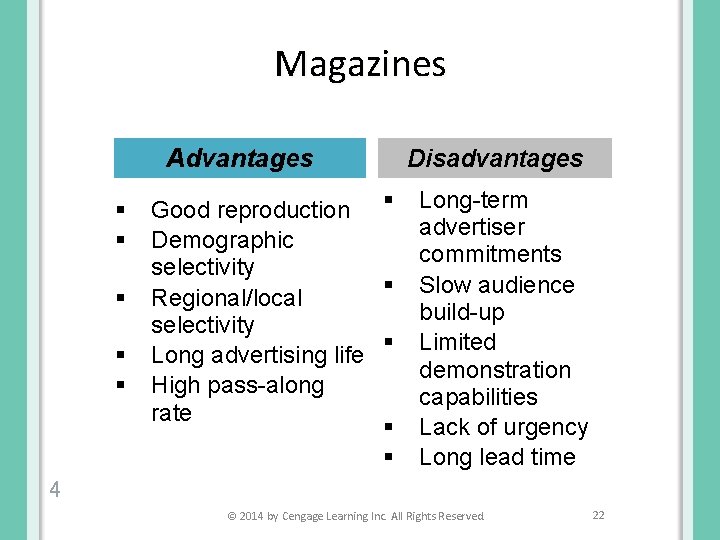 Magazines Advantages § § § Good reproduction § Demographic selectivity § Regional/local selectivity §