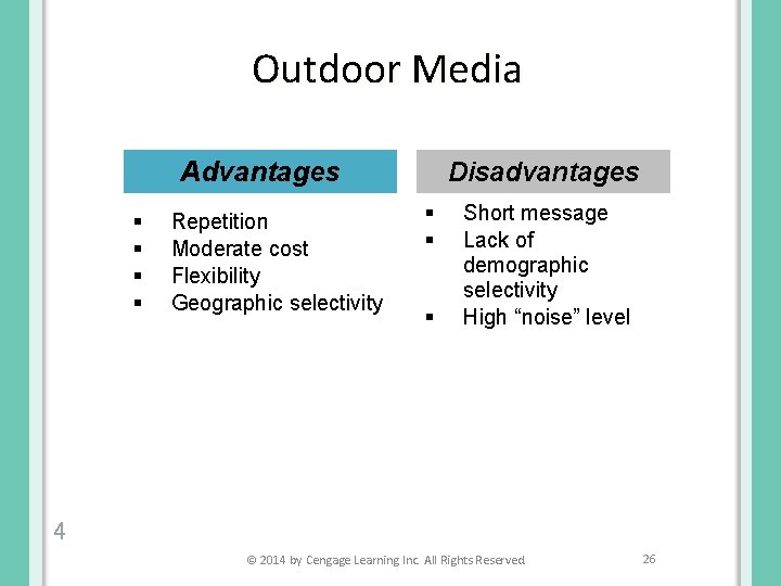 Outdoor Media Advantages § § Repetition Moderate cost Flexibility Geographic selectivity Disadvantages § §