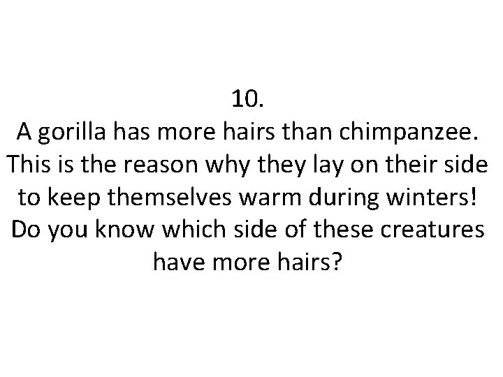 10. A gorilla has more hairs than chimpanzee. This is the reason why they