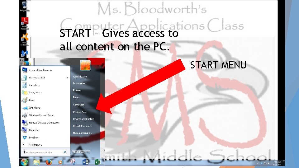 START – Gives access to all content on the PC. START MENU 