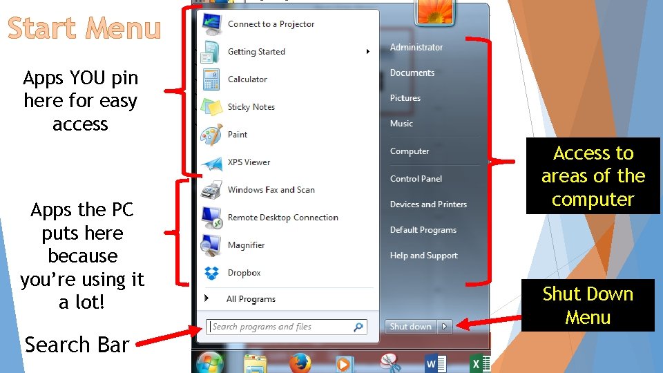 Start Menu Apps YOU pin here for easy access Apps the PC puts here