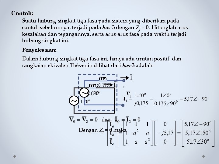 Contoh: Suatu hubung singkat tiga fasa pada sistem yang diberikan pada contoh sebelumnya, terjadi