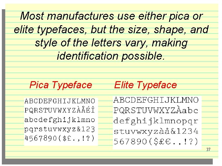 Most manufactures use either pica or elite typefaces, but the size, shape, and style