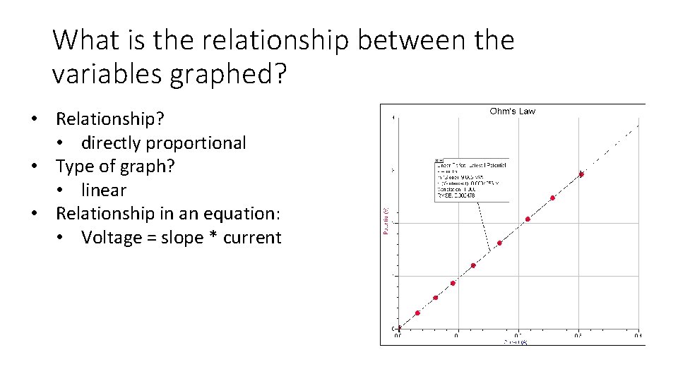 What is the relationship between the variables graphed? • Relationship? • directly proportional •