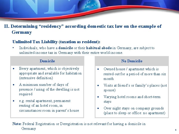 II. Determining “residency” according domestic tax law on the example of Germany Unlimited Tax