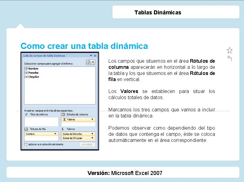 Tablas Dinámicas Como crear una tabla dinámica Los campos que situemos en el área