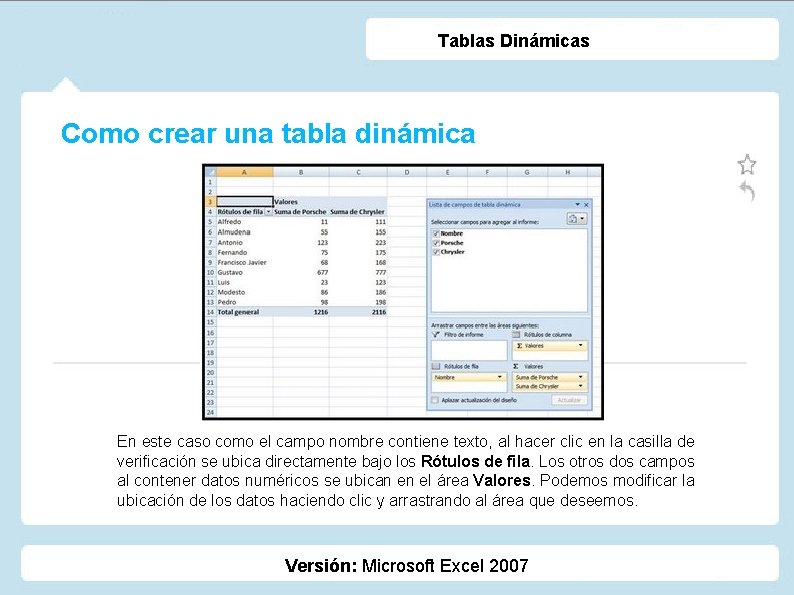 Tablas Dinámicas Como crear una tabla dinámica En este caso como el campo nombre