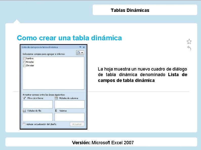 Tablas Dinámicas Como crear una tabla dinámica La hoja muestra un nuevo cuadro de