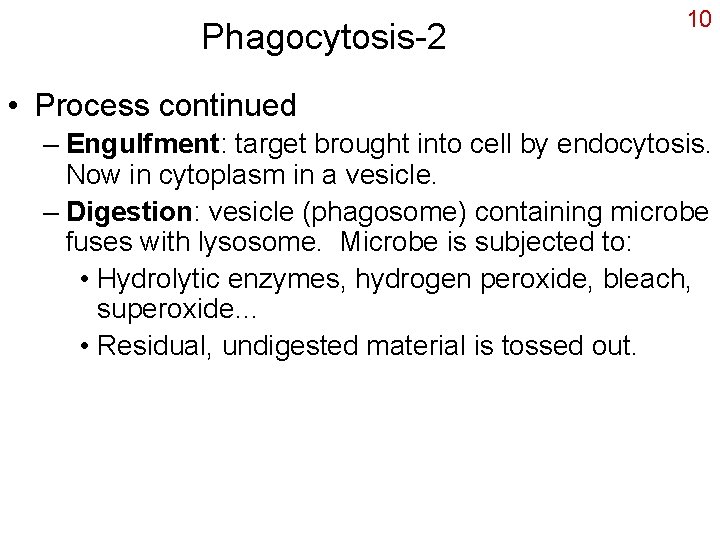 Phagocytosis-2 10 • Process continued – Engulfment: target brought into cell by endocytosis. Now