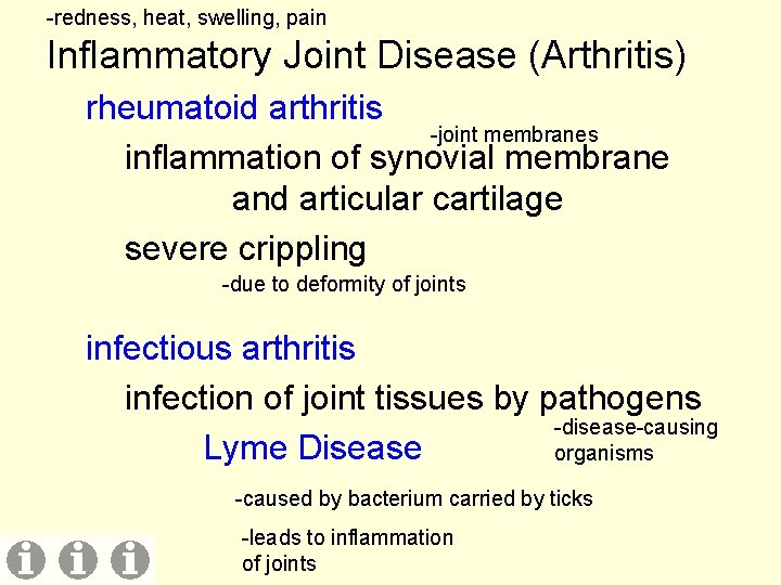 -redness, heat, swelling, pain Inflammatory Joint Disease (Arthritis) rheumatoid arthritis -joint membranes inflammation of