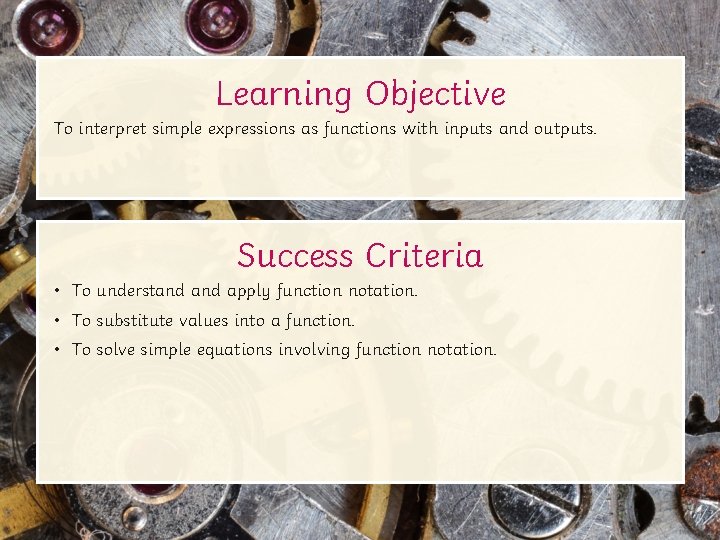 Learning Objective To interpret simple expressions as functions with inputs and outputs. Success Criteria Learning Objective To interpret simple expressions as functions with inputs and outputs. Success Criteria