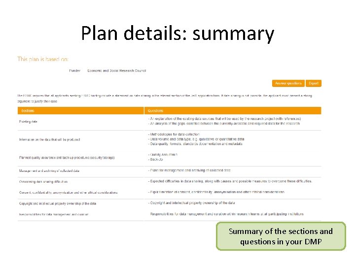 Plan details: summary Summary of the sections and questions in your DMP 