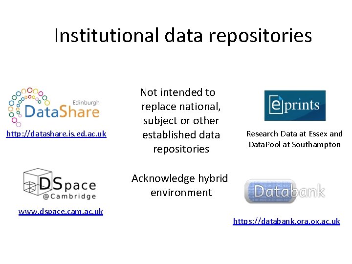 Institutional data repositories http: //datashare. is. ed. ac. uk Not intended to replace national,