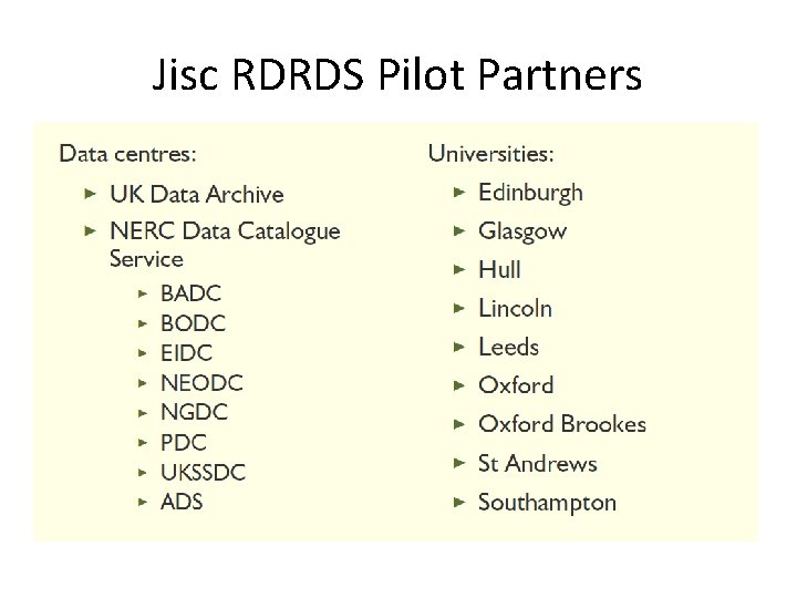 Jisc RDRDS Pilot Partners 