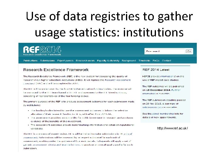 Use of data registries to gather usage statistics: institutions http: //www. ref. ac. uk/