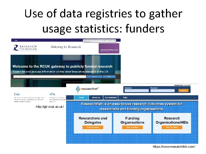 Use of data registries to gather usage statistics: funders http: //gtr. rcuk. ac. uk/