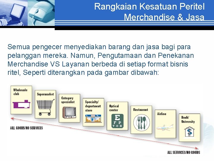 Rangkaian Kesatuan Peritel Merchandise & Jasa Semua pengecer menyediakan barang dan jasa bagi para