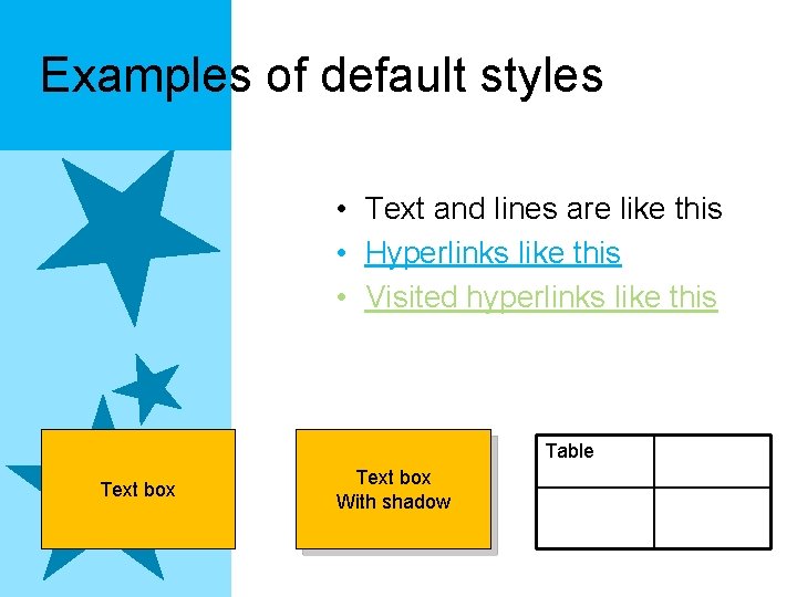 Examples of default styles • Text and lines are like this • Hyperlinks like