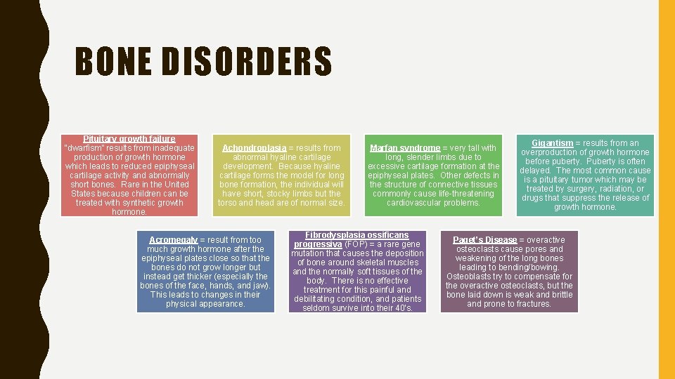 BONE DISORDERS Pituitary growth failure “dwarfism” results from inadequate production of growth hormone which