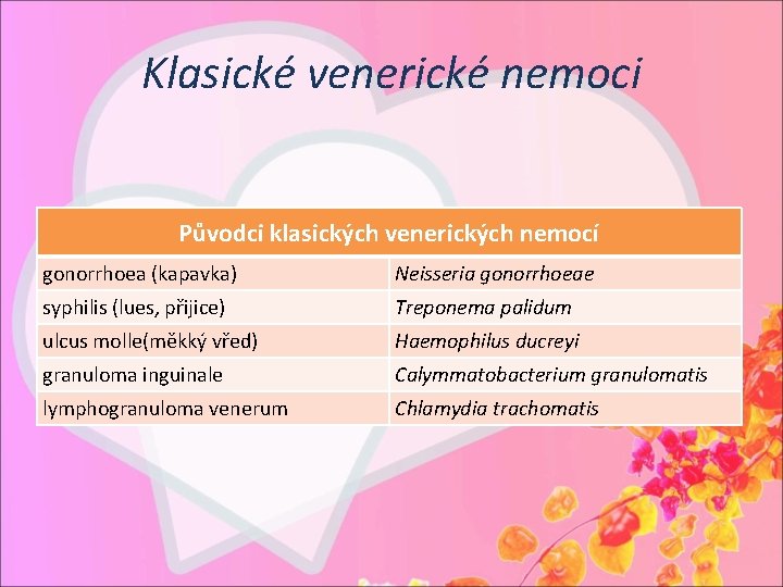 Klasické venerické nemoci Původci klasických venerických nemocí gonorrhoea (kapavka) Neisseria gonorrhoeae syphilis (lues, přijice)