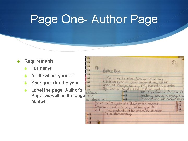 Page One- Author Page S Requirements S Full name S A little about yourself