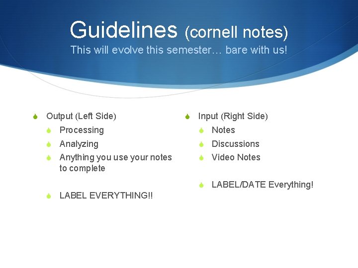 Guidelines (cornell notes) This will evolve this semester… bare with us! S Output (Left