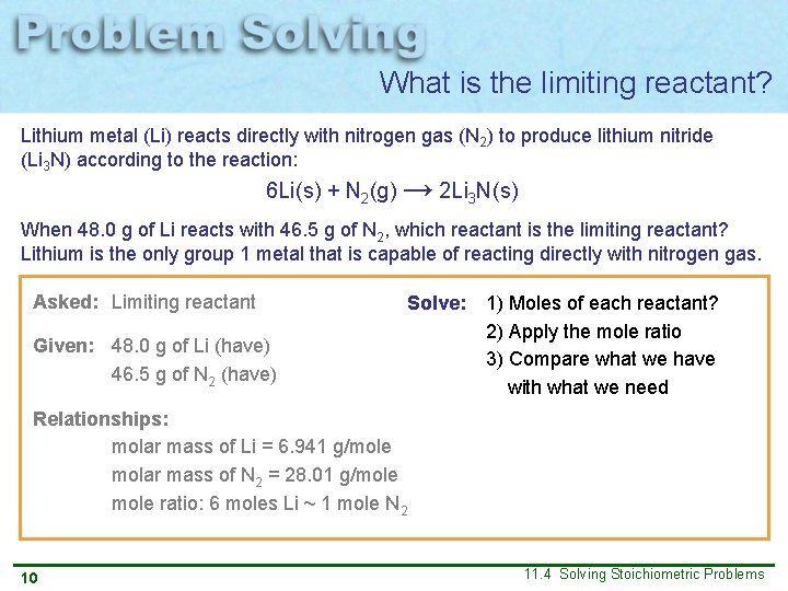 What is the limiting reactant? Lithium metal (Li) reacts directly with nitrogen gas (N