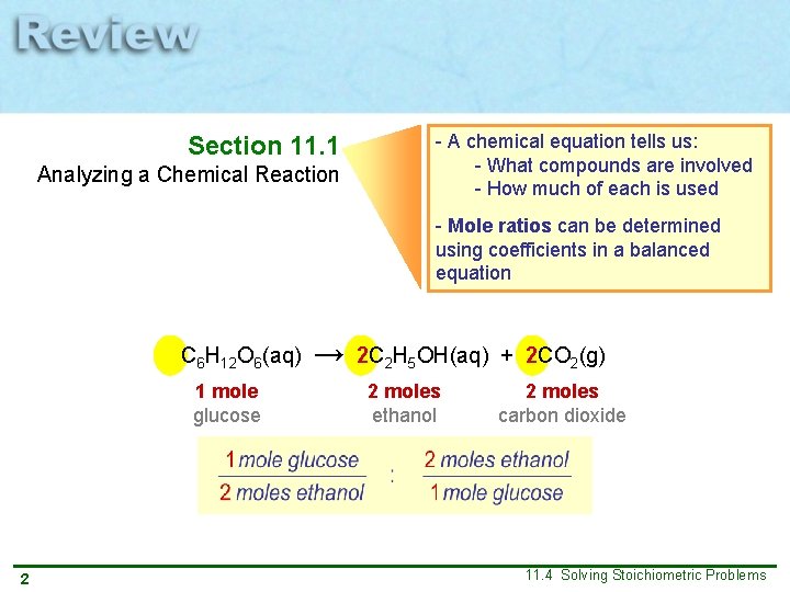 Section 11. 1 Analyzing a Chemical Reaction - A chemical equation tells us: -