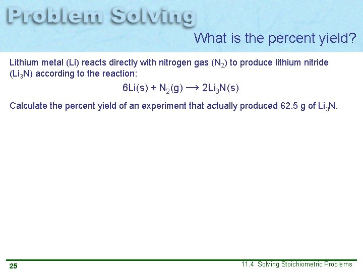 What is the percent yield? Lithium metal (Li) reacts directly with nitrogen gas (N