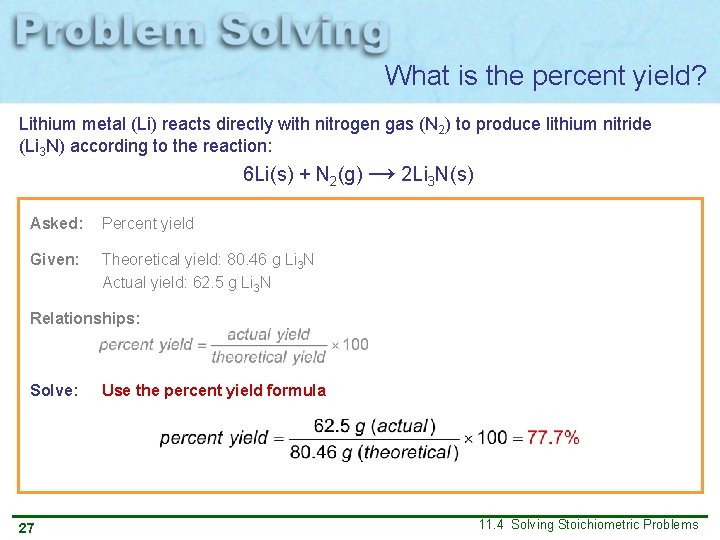 What is the percent yield? Lithium metal (Li) reacts directly with nitrogen gas (N