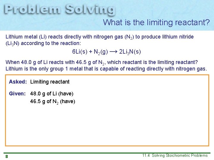 What is the limiting reactant? Lithium metal (Li) reacts directly with nitrogen gas (N