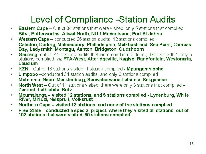 Level of Compliance -Station Audits • • • Eastern Cape – Out of 34