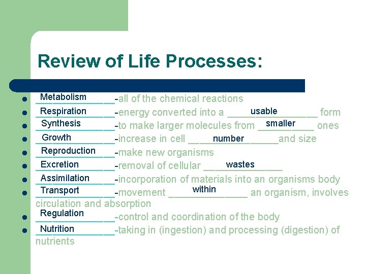 Review of Life Processes: l l l l l Metabolism _______-all of the chemical