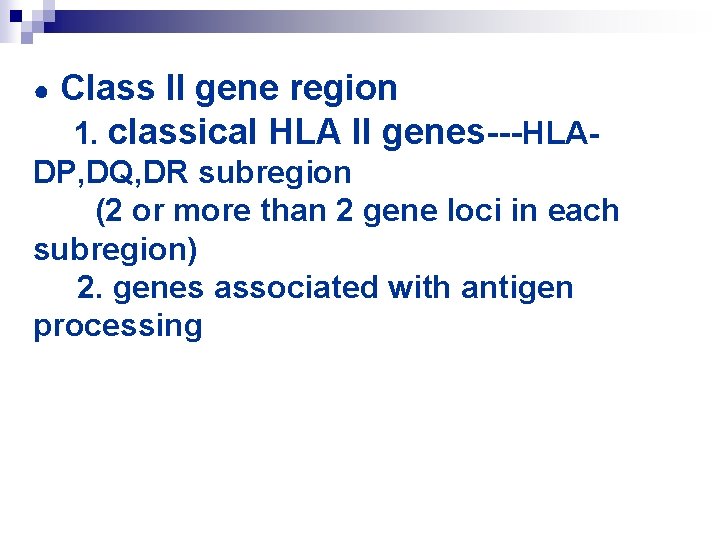 ● Class II gene region 1. classical HLA II genes---HLA- DP, DQ, DR subregion