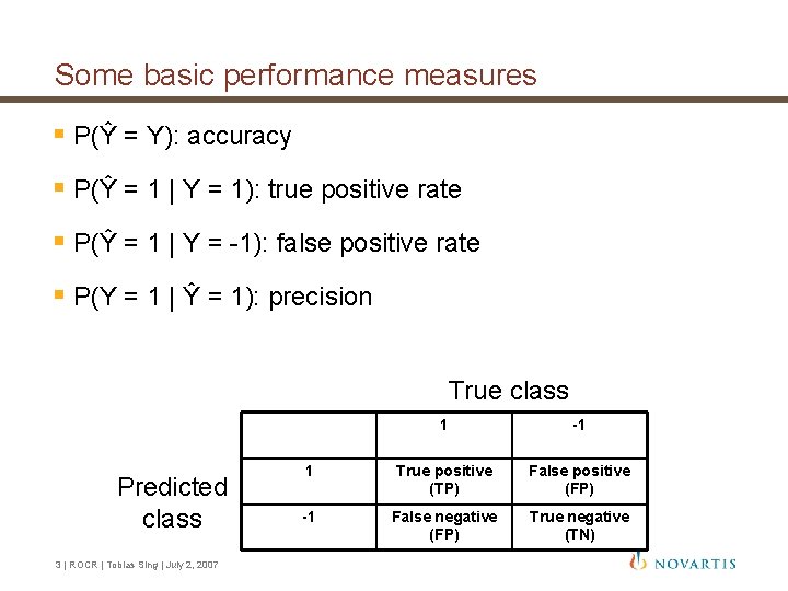 Some basic performance measures § P(Ŷ = Y): accuracy § P(Ŷ = 1 | Some basic performance measures § P(Ŷ = Y): accuracy § P(Ŷ = 1 |