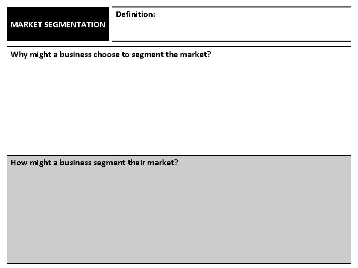 MARKET SEGMENTATION Definition: Why might a business choose to segment the market? How might