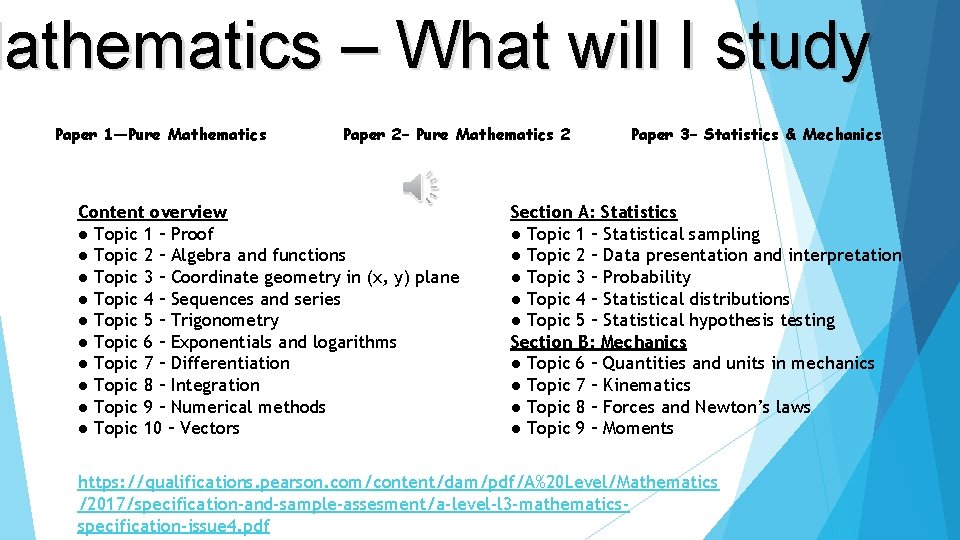 Mathematics – What will I study Paper 1—Pure Mathematics Paper 2– Pure Mathematics 2