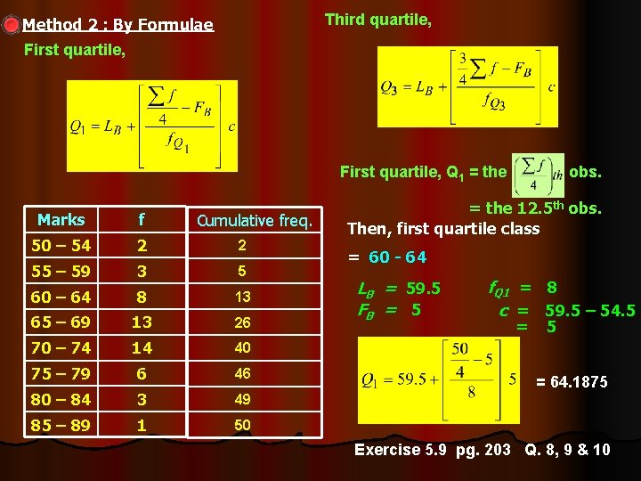 Third quartile, Method 2 : By Formulae First quartile, Q 1 = the Marks