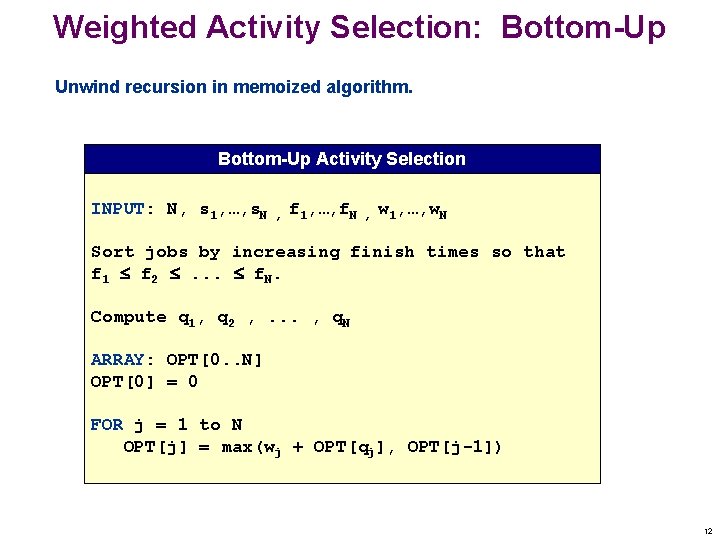 Weighted Activity Selection: Bottom-Up Unwind recursion in memoized algorithm. Bottom-Up Activity Selection INPUT: N,