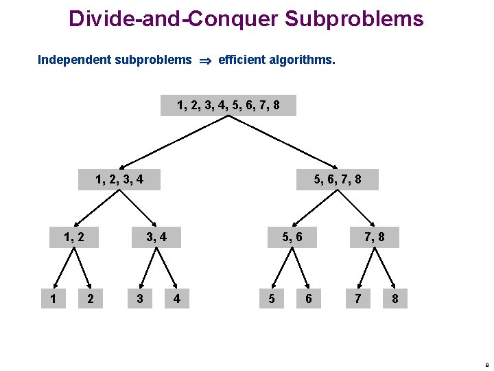 Divide-and-Conquer Subproblems Independent subproblems efficient algorithms. 1, 2, 3, 4, 5, 6, 7, 8