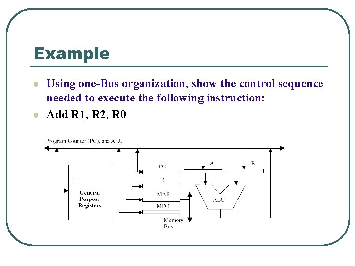 Example l l Using one-Bus organization, show the control sequence needed to execute the