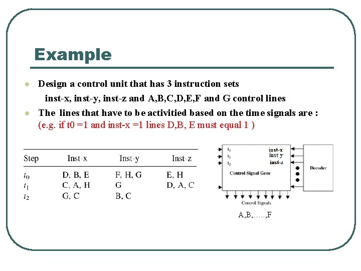 Example l l Design a control unit that has 3 instruction sets inst-x, inst-y,