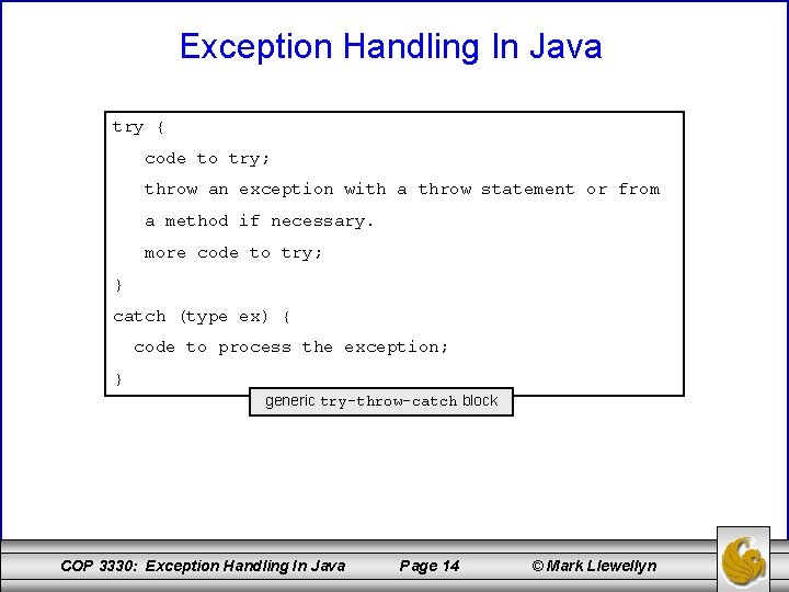 Exception Handling In Java try { code to try; throw an exception with a